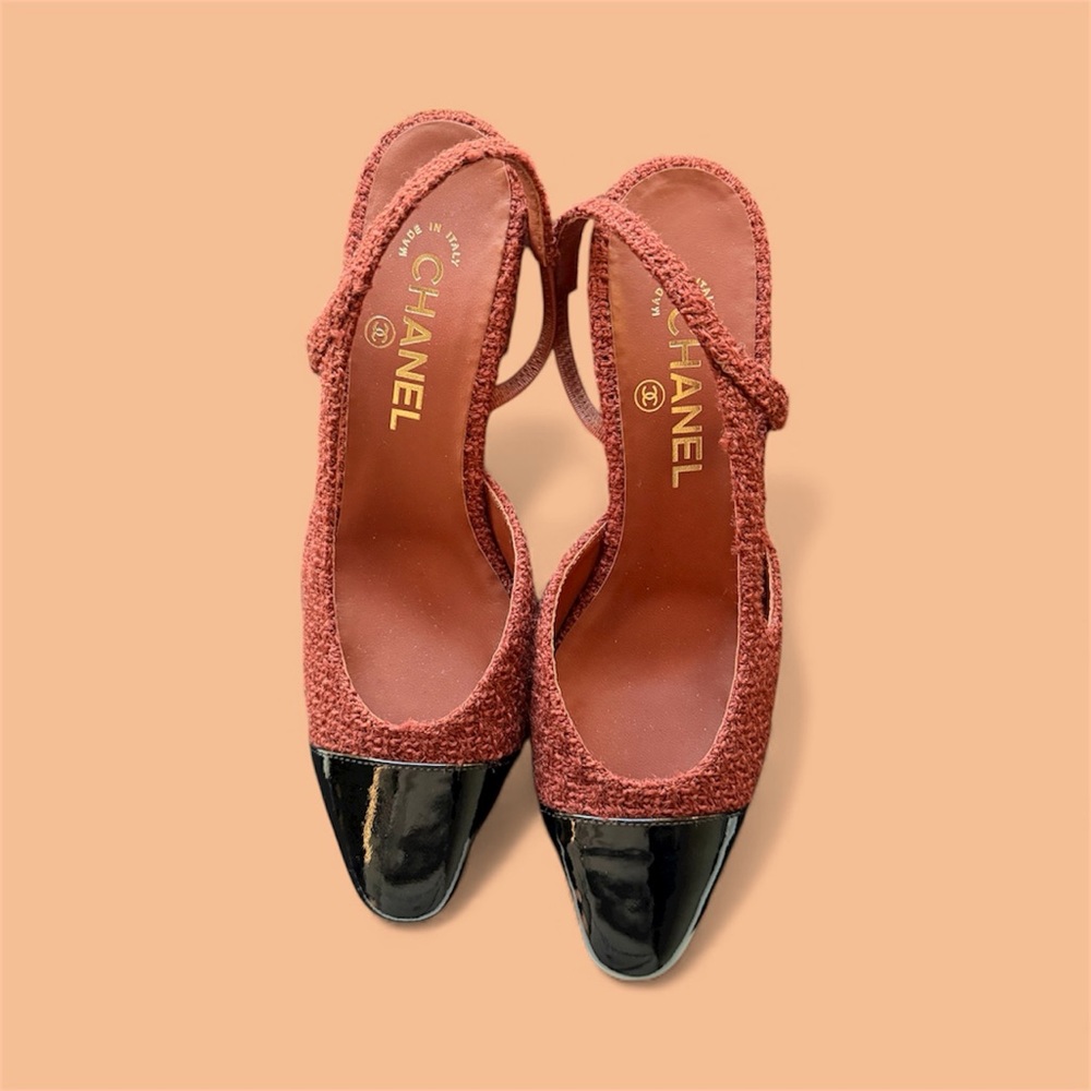 Never Worn Chanel Slingback Heels Tweed Burgundy Shoes
